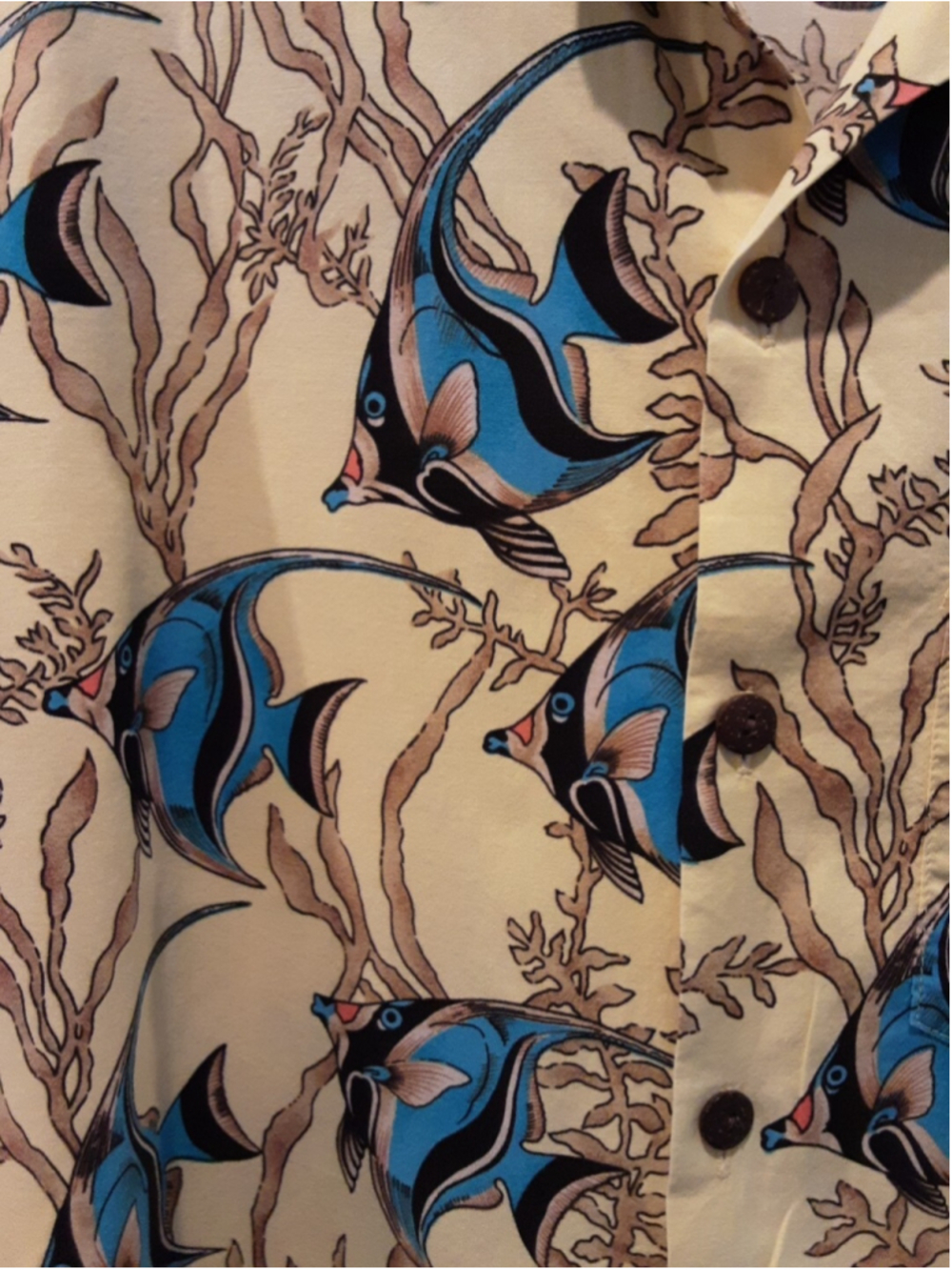 GO BAREFOOT Vintage Hawaiian Mellow Yellow Blue Fish Aloha Shirt Made USA Sz XL - Picture 6 of 14